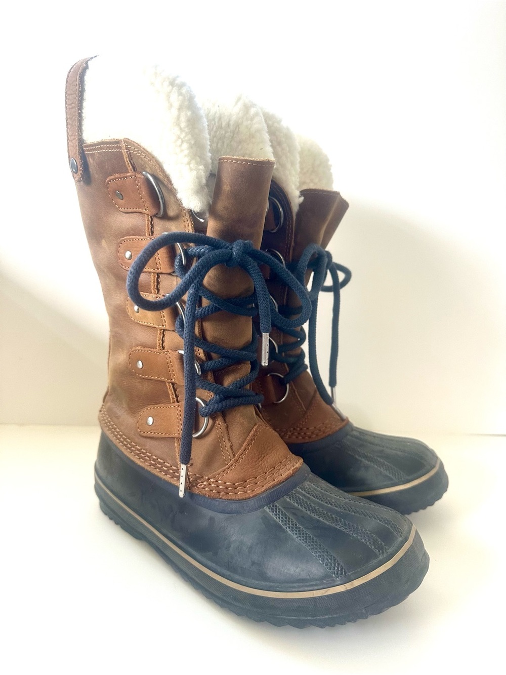 Women’s Sorel Joan of Arctic Shearling Brown Leather Navy Rubber Winter Boots